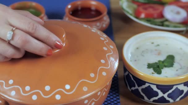 Homemade Vegetarian Biryani Served Raita Chutneys Fresh Salad Extreme Closeup — Αρχείο Βίντεο