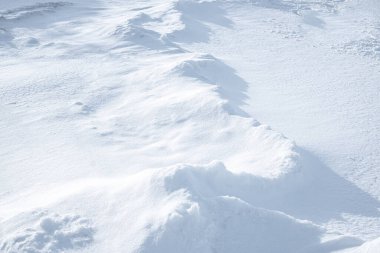 Karla kaplı donmuş dalgalar. Beyaz karlı plaj. Kış boyunca kış uykusunda doğa.