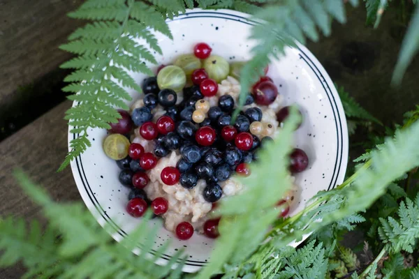 Healthy vegetarian breakfast bowl in nature. Oatmeal porridge with fresh berries mix. Healthy breakfast.