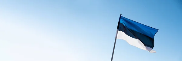 Естонський Прапор Розмахує Вітром Сонячним Світлом Прапор Естонії Синьому Тлі — стокове фото