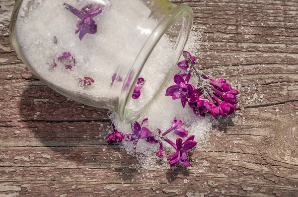 Bir cam kavanoza şekerlenmiş Eflatun çiçekler — Stok fotoğraf