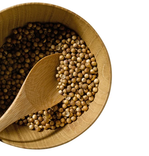 Coriander seeds in wooden plate — Stock Photo, Image