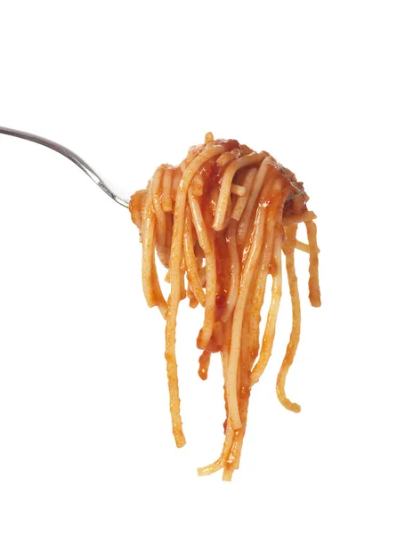 Spaghetti mit Tomatensauce auf Gabel, — Stockfoto