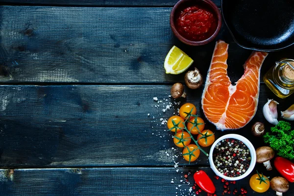 Salmon steak with ingredients — Stok fotoğraf