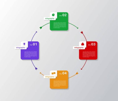 Dairesel İş Bilgileri şablonu, 4 adım, seçenekler veya veriler. Sunumlar, iş akışı düzeni, bilgi grafiği, pankart, işlem diyagramı, akış şeması için dört elementi temizle.