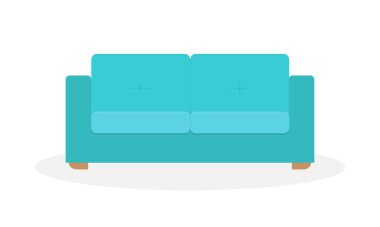 Tahta bacaklı yeşil renkli kanepe. Minimalist mobilya tarzı. Düz vektör illüstrasyonu.