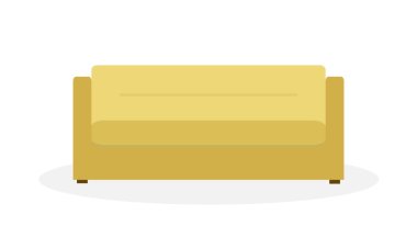 Tahta bacaklı sarı renkli kanepe. Minimalist mobilya tarzı. Düz vektör illüstrasyonu