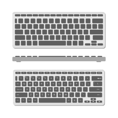 Gri renkli bir bilgisayar klavyesi seti, iki tip ve bir ön görüş. Bilgisayar klavyesinin modern bir görüntüsü. Düz vektör illüstrasyonu