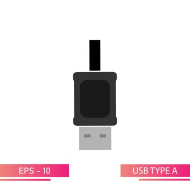 USB tipi A tipi baba, siyah fiş. Beyaz bir arka planda. Düz vektör illüstrasyonu.