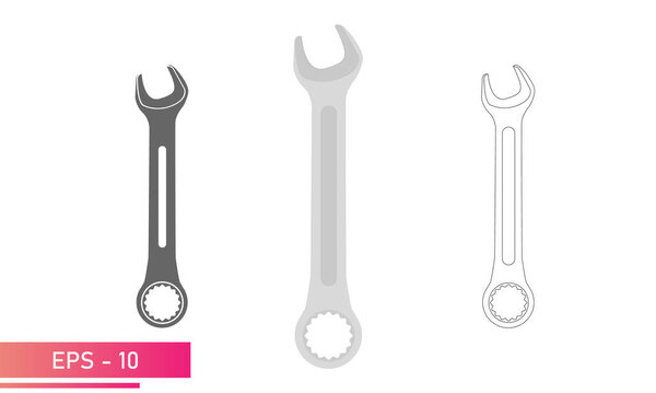 Комплект, комбинированный гаечный ключ для орехов. Линейный, прочный и реалистичный дизайн. На белом фоне. Инструменты для автомеханика. Плоская векторная иллюстрация.
