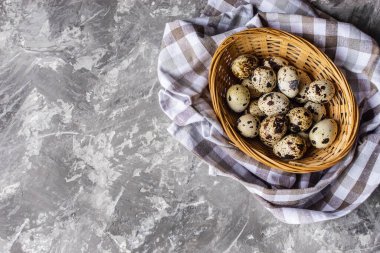 Gri taşlı arka plan fotokopi alanındaki sepetteki bıldırcın yumurtaları 