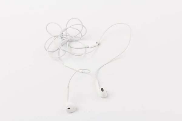 White Headphones Listening Music Sound Portable Devices Music Player Smartphone — Stock Photo, Image