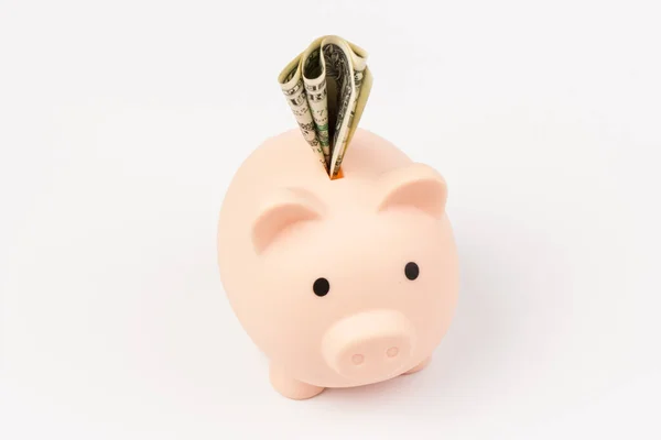 Cute Pink Piggy Bank Close Isolado Fundo Branco Poupança Investimento — Fotografia de Stock