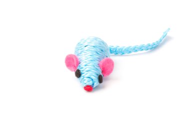 Beyaz arka planda izole edilmiş evcil bir kedi için bir mavi oyuncak fare.