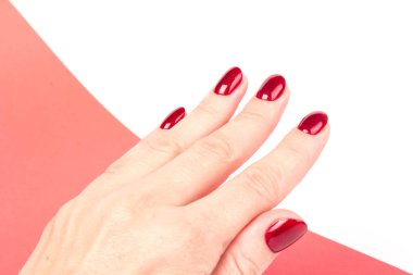 Beyaz ve kırmızı arka planda tırnaklarında koyu kırmızı manikür olan genç bir kadının ellerine yakın çekim.