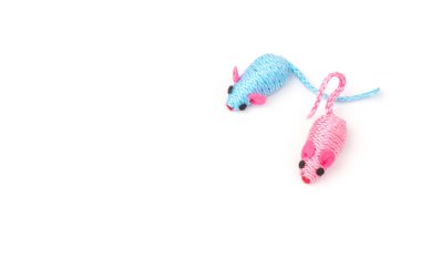Beyaz arka planda izole edilmiş bir kedi için iki mavi ve pembe oyuncak fare.