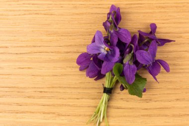 Tahta masadaki güzel Viola Kodorata çiçekleri. Metin için yer.  