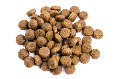Kedi maması. Kuru kahverengi kedi maması yakın plan beyaz arka plana saçılmıştır.