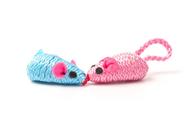 Две Синие Розовые Игрушечные Мыши Домашнего Кота Изолированные Белом Фоне — стоковое фото
