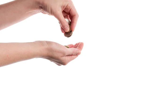 Монети Руці Білому Тлі Останні Гроші Концептуальне Фото Фінансова Криза — стокове фото