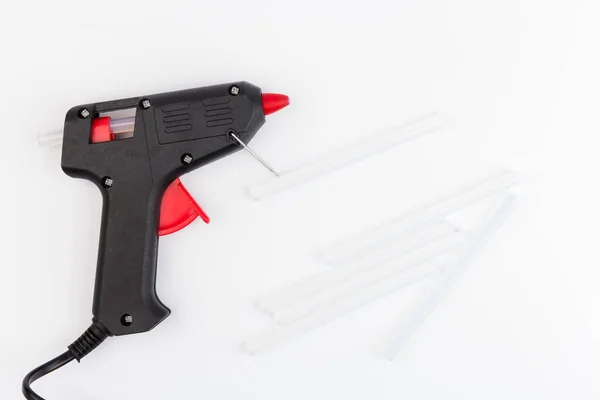 Pistola Fusão Quente Ferramentas Construção Pistola Cola Hastes Fundo Branco — Fotografia de Stock