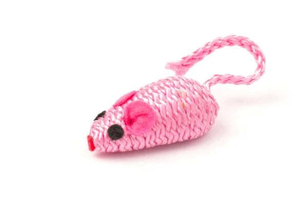 一只粉红玩具老鼠 为一只在白色背景上隔离的宠物猫服务 — 图库照片
