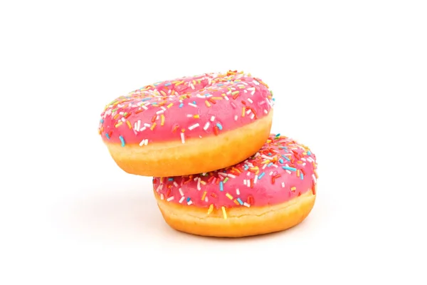 Donuts Con Glaseado Fresa Espolvoreos Multicolores Aislados Sobre Fondo Blanco —  Fotos de Stock