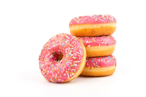 Donuts Met Aardbeienglazuur Veelkleurige Hagelslag Geïsoleerd Een Witte Achtergrond Traditionele — Stockfoto