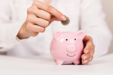 Küçük bir arka planda domuzcuk kumbarası ve kumbaraya para koyan insan eli. dizayn için kopyalama alanı.