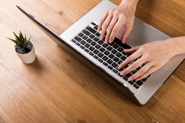 Modern kahve dükkanında ya da çatı katında dizüstü bilgisayarla çalışan bir kadın. Ahşap masa arkasında ofis malzemeleri ve aletlerin karışımı. Boşluğu kopyala.