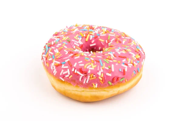 Donuts Met Aardbeienglazuur Veelkleurige Hagelslag Geïsoleerd Een Witte Achtergrond Traditionele — Stockfoto