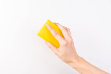 Kadının eli, beyaz arka planda izole edilmiş bir temizlik süngeri tutuyor.