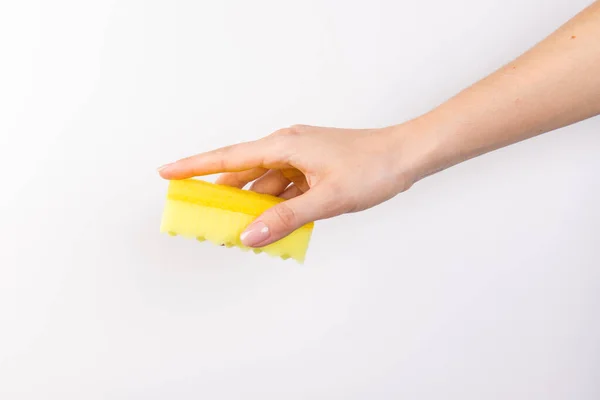 Woman Hand Holds Cleaning Sponge Isolated White Background — Stock Photo, Image