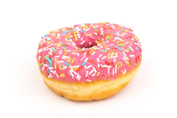 Donuts Con Glaseado Fresa Espolvoreos Multicolores Aislados Sobre Fondo Blanco — Foto de Stock