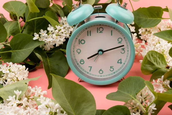 ピンクの背景に隔離された白いライラックの花と青のヴィンテージ目覚まし時計 春の時間変化 春の花と目覚まし時計 — ストック写真
