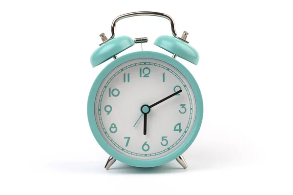 Hermoso Reloj Despertador Azul Pastel Retro Sobre Fondo Blanco Tiempo — Foto de Stock