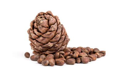 Kabukta sedir fıstığı ve beyaz arka planda izole edilmemiş kozalaklar.