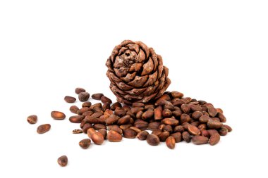 Kabukta sedir fıstığı ve beyaz arka planda izole edilmemiş kozalaklar.