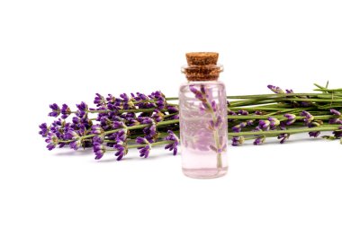 Beyaz arka planda güzel bir şişe içinde lavanta yağı.