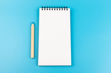 çok renkli kalemler ve mavi arkaplandaki boş defter kopyalama alanı ile