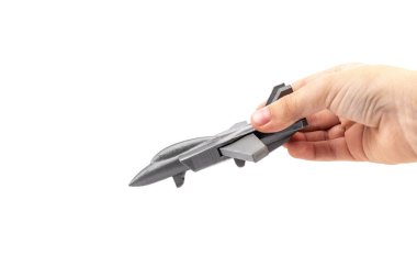 Beyaz arkaplanda 3 boyutlu bir yazıcıda üretilen gri model bir savaş uçağı. ulaşım kavramı