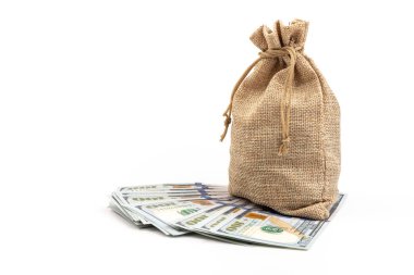 Beyaz arka planda izole edilmiş çuval içinde dolar