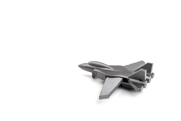 Modell Grå Miniatyr Fighter Jet Skapas Skrivare Vit Bakgrund Transportkoncept — Stockfoto