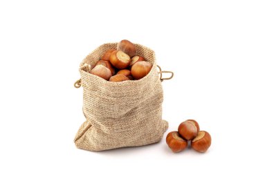 Beyaz arka plan üzerinde izole Sivas'tan çantasından taze fındık. 