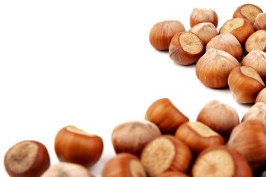 Beyaz arka planda fındıklar. Fındık arkaplan, sağlıklı yemek.