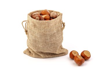 Beyaz arka plan üzerinde izole Sivas'tan çantasından taze fındık. 