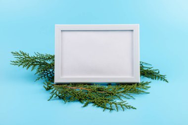 Boş beyaz fotoğraf çerçevesi ve mavi arkaplanda yeşil selvi dalı. Noel kompozisyonu, kopyalama alanı. 