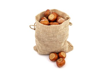 Beyaz arka plan üzerinde izole Sivas'tan çantasından taze fındık. 