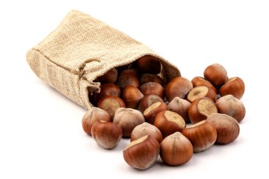 Beyaz arka plan üzerinde izole Sivas'tan çantasından taze fındık. 