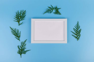 Boş beyaz fotoğraf çerçevesi ve mavi arkaplanda yeşil selvi dalı. Noel kompozisyonu, kopyalama alanı. 